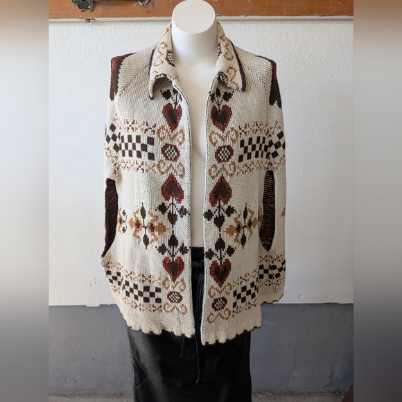 Vintage Women´s Cream and Brown Patterned Sweater Open...